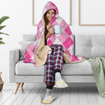 Pink And White Argyle Pattern Print Hooded Blanket