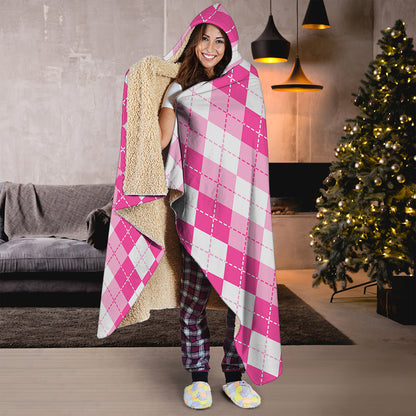 Pink And White Argyle Pattern Print Hooded Blanket