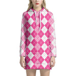Pink And White Argyle Pattern Print Hoodie Dress