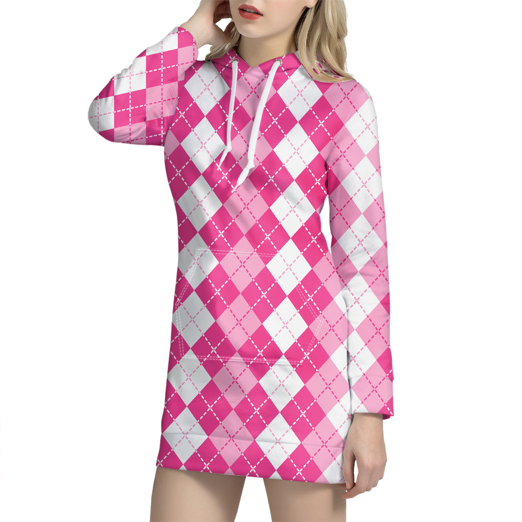Pink And White Argyle Pattern Print Hoodie Dress