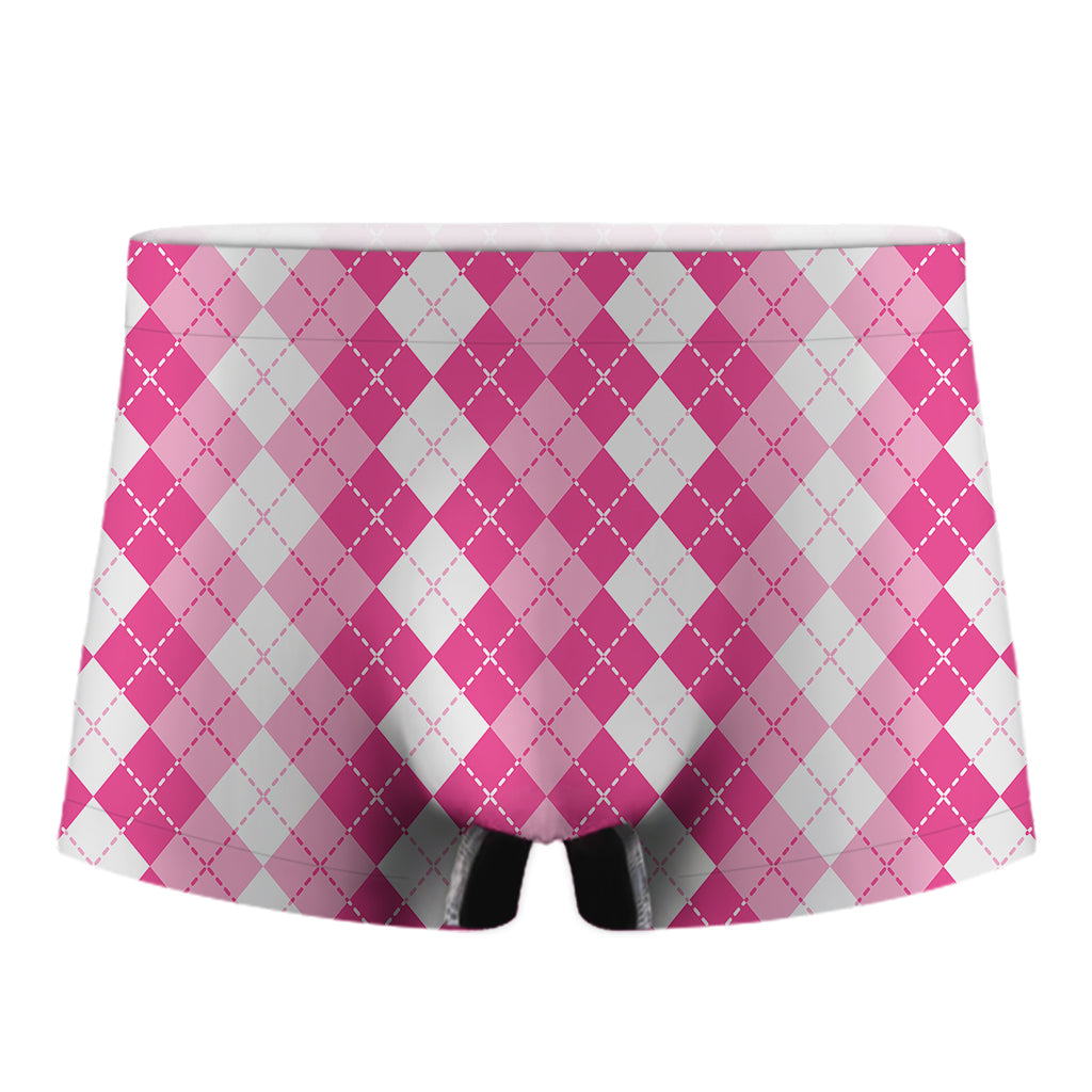Pink And White Argyle Pattern Print Men's Boxer Briefs