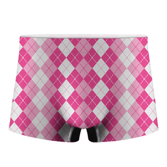 Pink And White Argyle Pattern Print Men's Boxer Briefs