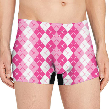 Pink And White Argyle Pattern Print Men's Boxer Briefs