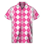 Pink And White Argyle Pattern Print Men's Short Sleeve Shirt