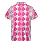 Pink And White Argyle Pattern Print Men's Short Sleeve Shirt