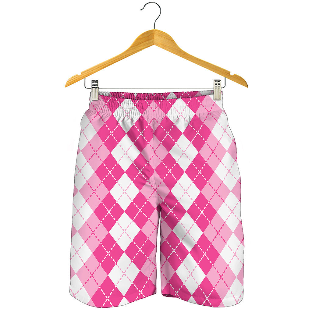 Pink And White Argyle Pattern Print Men's Shorts
