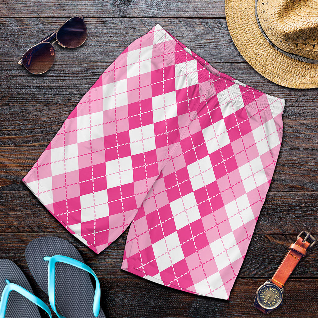 Pink And White Argyle Pattern Print Men's Shorts