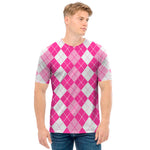 Pink And White Argyle Pattern Print Men's T-Shirt