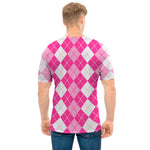 Pink And White Argyle Pattern Print Men's T-Shirt