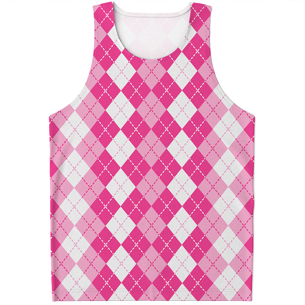 Pink And White Argyle Pattern Print Men's Tank Top