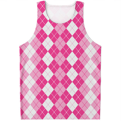 Pink And White Argyle Pattern Print Men's Tank Top