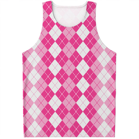Pink And White Argyle Pattern Print Men's Tank Top