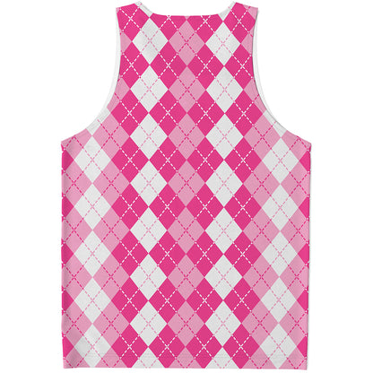 Pink And White Argyle Pattern Print Men's Tank Top