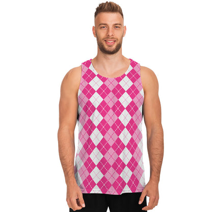 Pink And White Argyle Pattern Print Men's Tank Top