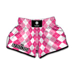 Pink And White Argyle Pattern Print Muay Thai Boxing Shorts