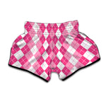 Pink And White Argyle Pattern Print Muay Thai Boxing Shorts