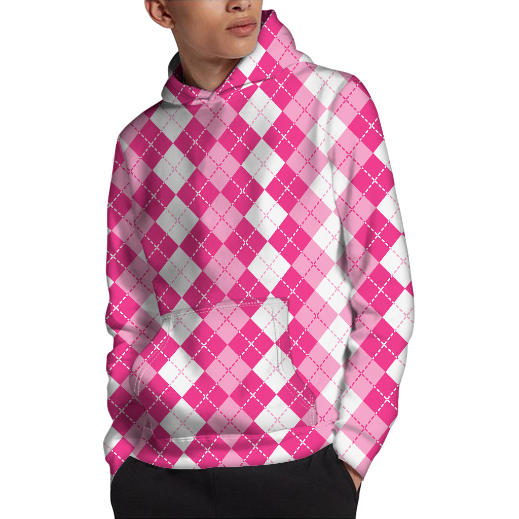 Pink And White Argyle Pattern Print Pullover Hoodie