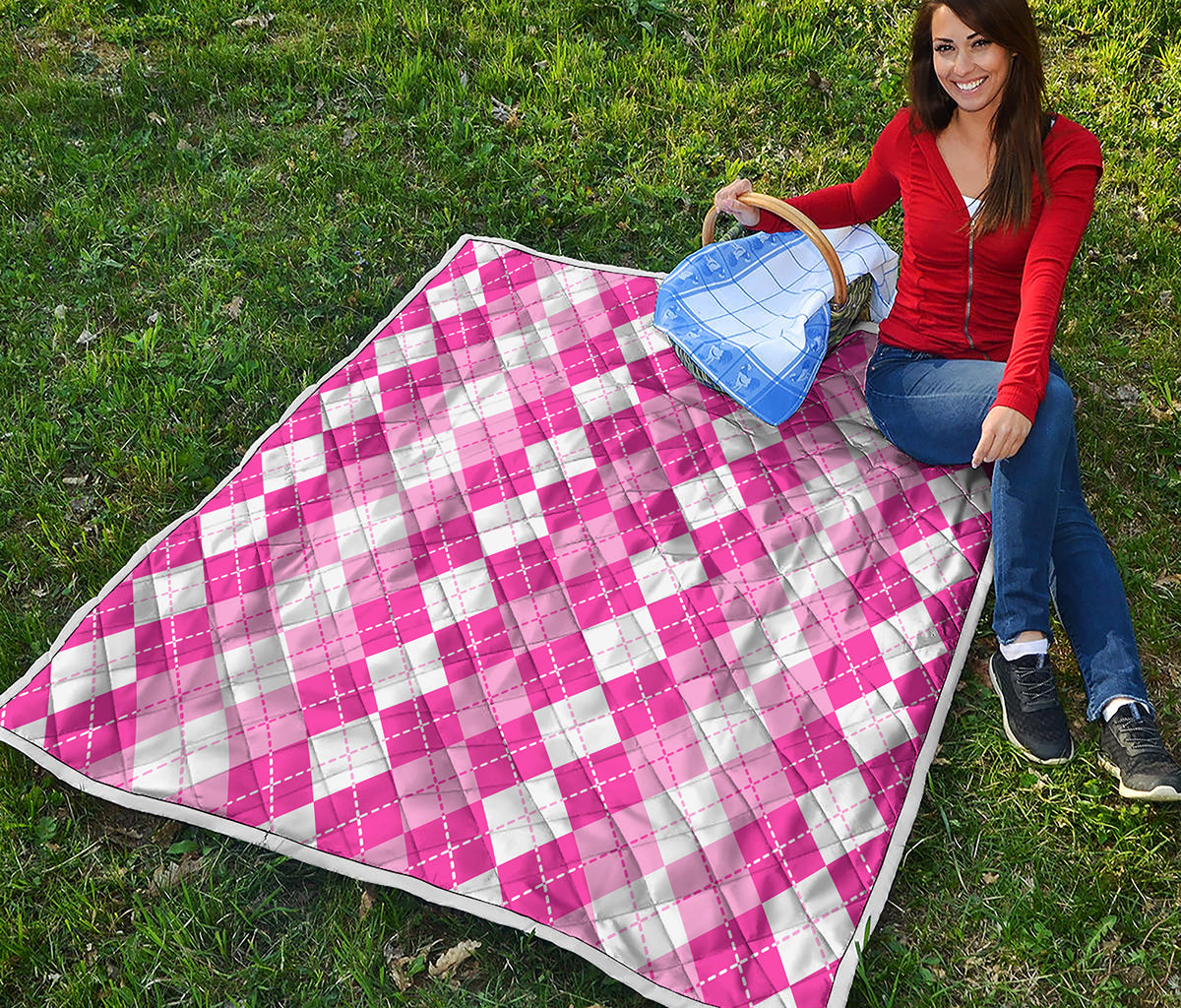 Pink And White Argyle Pattern Print Quilt