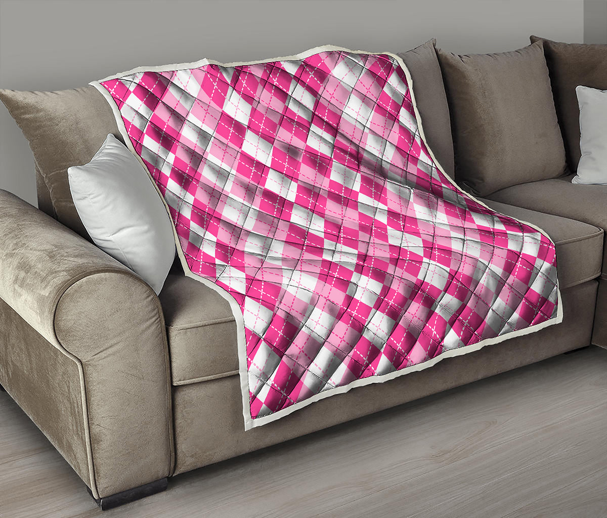 Pink And White Argyle Pattern Print Quilt