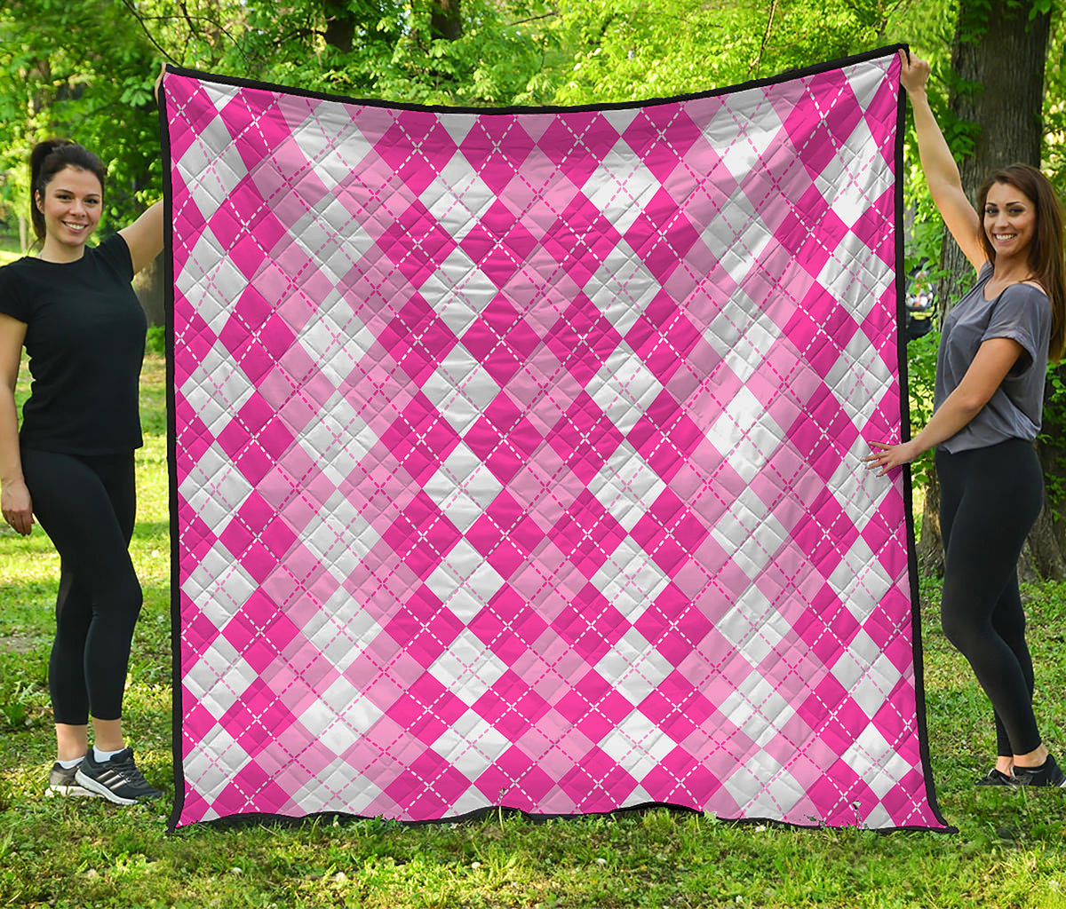Pink And White Argyle Pattern Print Quilt