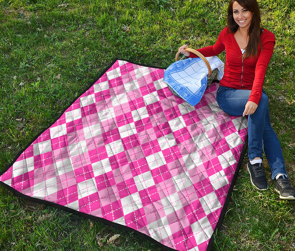 Pink And White Argyle Pattern Print Quilt