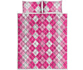 Pink And White Argyle Pattern Print Quilt Bed Set