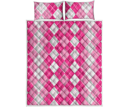 Pink And White Argyle Pattern Print Quilt Bed Set