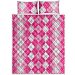 Pink And White Argyle Pattern Print Quilt Bed Set