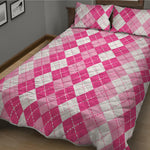 Pink And White Argyle Pattern Print Quilt Bed Set