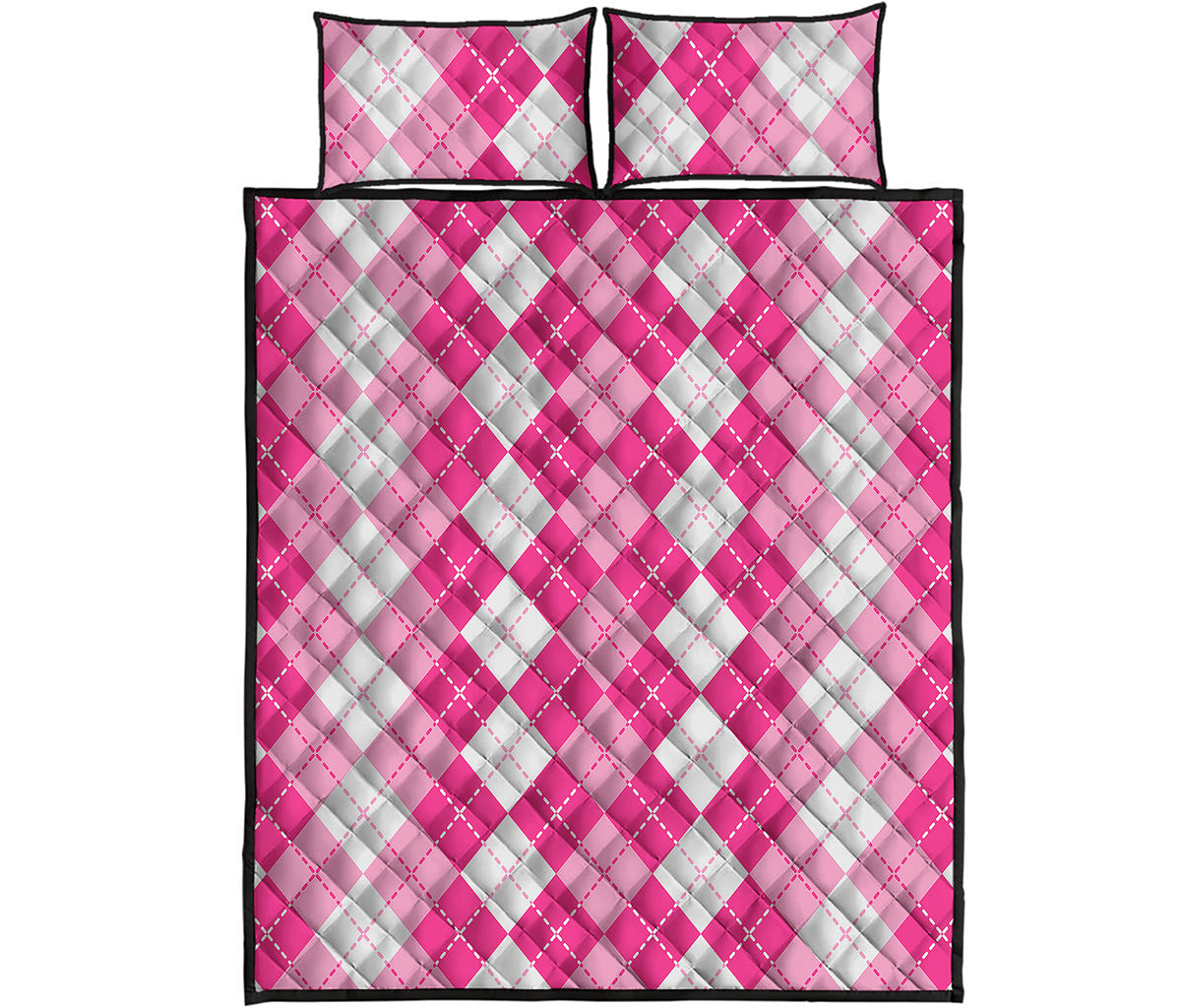 Pink And White Argyle Pattern Print Quilt Bed Set