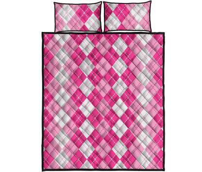 Pink And White Argyle Pattern Print Quilt Bed Set