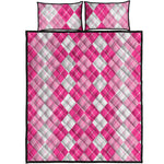 Pink And White Argyle Pattern Print Quilt Bed Set