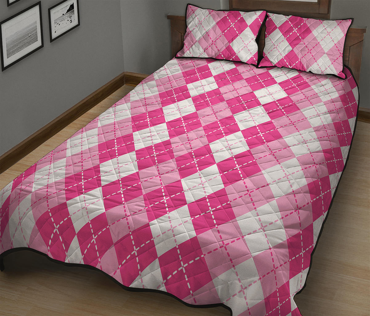 Pink And White Argyle Pattern Print Quilt Bed Set