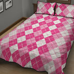 Pink And White Argyle Pattern Print Quilt Bed Set
