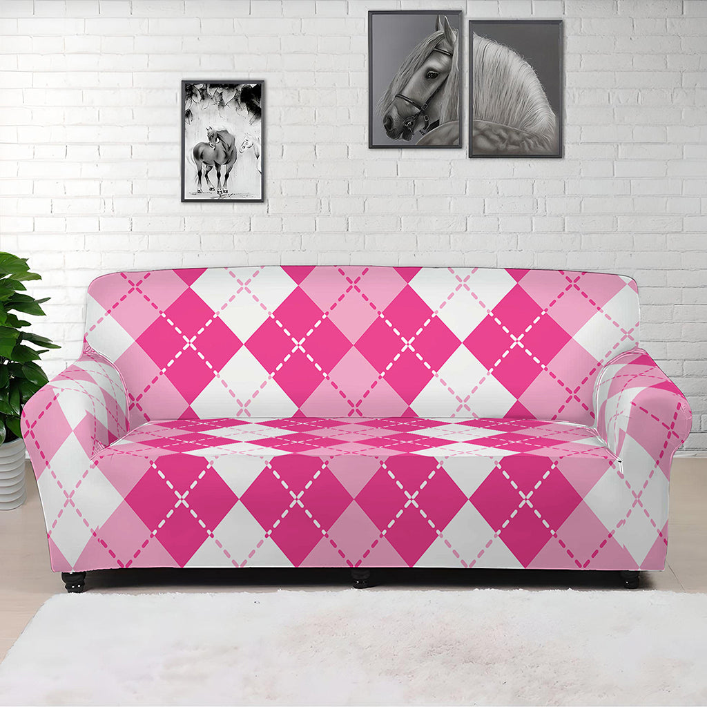 Pink And White Argyle Pattern Print Sofa Cover