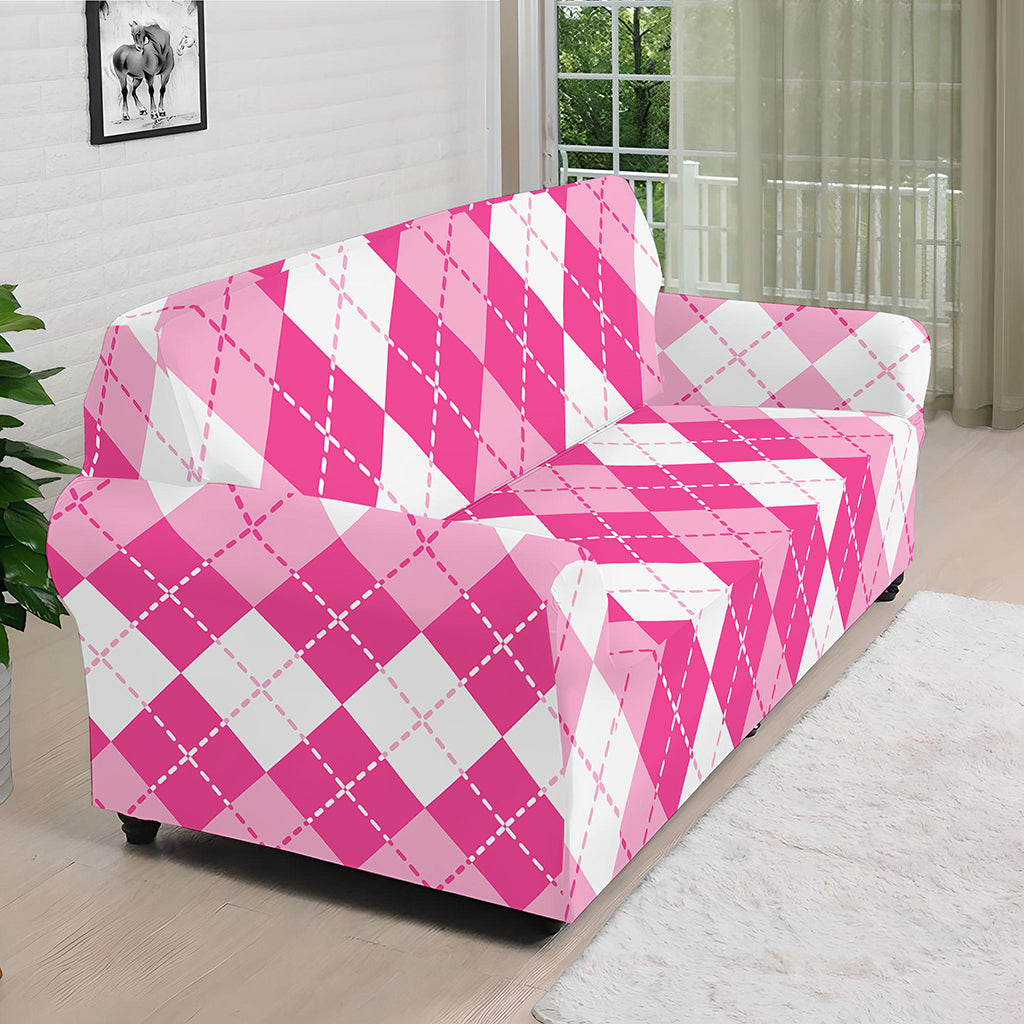 Pink And White Argyle Pattern Print Sofa Cover