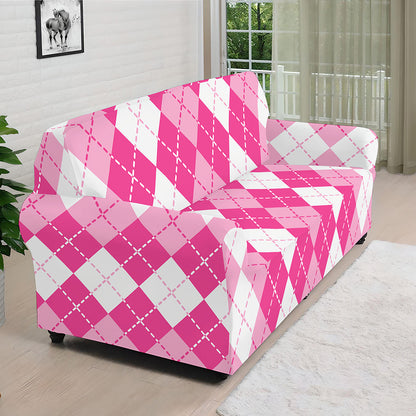 Pink And White Argyle Pattern Print Sofa Cover