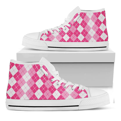 Pink And White Argyle Pattern Print White High Top Shoes