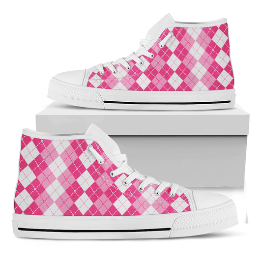 Pink And White Argyle Pattern Print White High Top Shoes