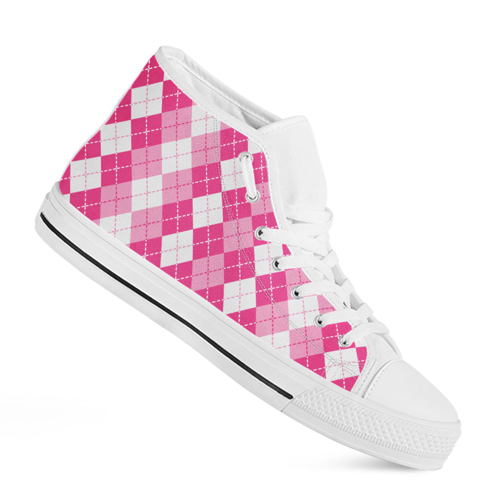 Pink And White Argyle Pattern Print White High Top Shoes