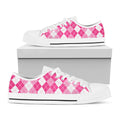 Pink And White Argyle Pattern Print White Low Top Sneakers