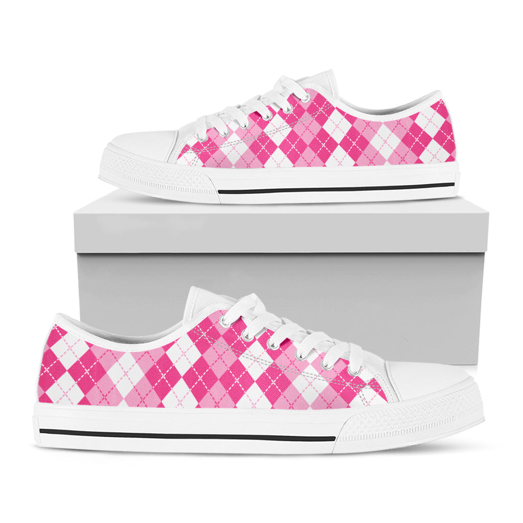 Pink And White Argyle Pattern Print White Low Top Shoes