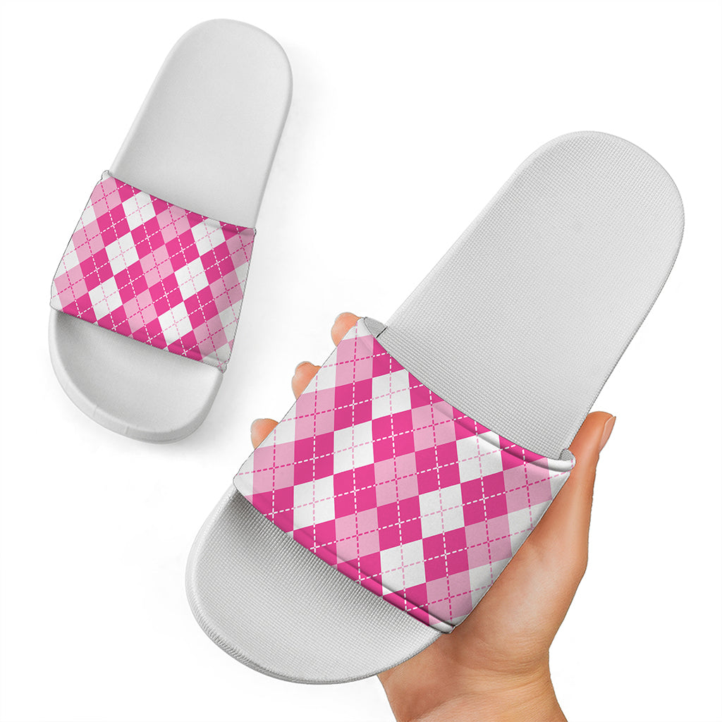 Pink And White Argyle Pattern Print White Slide Sandals