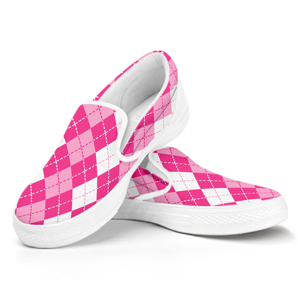 Pink And White Argyle Pattern Print White Slip On Shoes