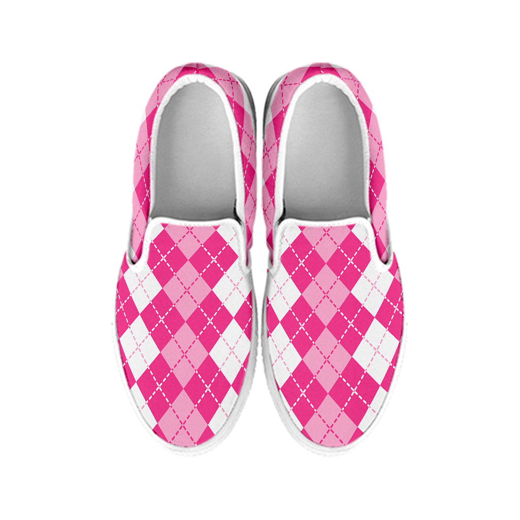 Pink And White Argyle Pattern Print White Slip On Shoes