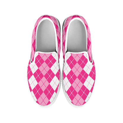 Pink And White Argyle Pattern Print White Slip On Shoes