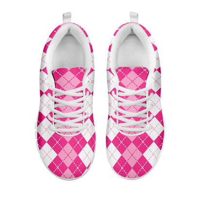 Pink And White Argyle Pattern Print White Sneakers