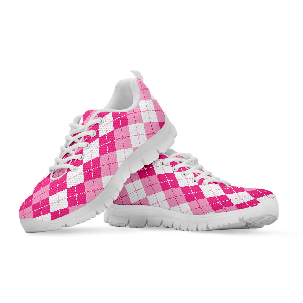 Pink And White Argyle Pattern Print White Sneakers