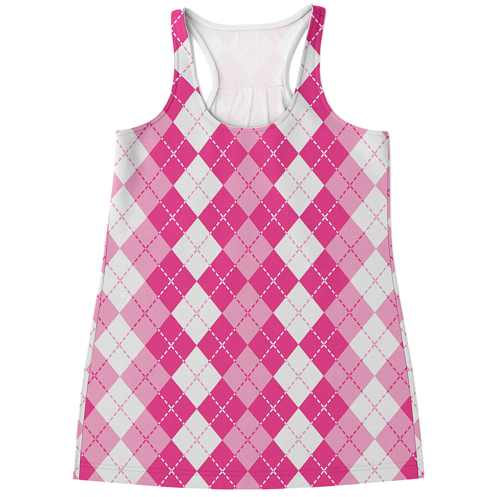 Pink And White Argyle Pattern Print Women's Racerback Tank Top