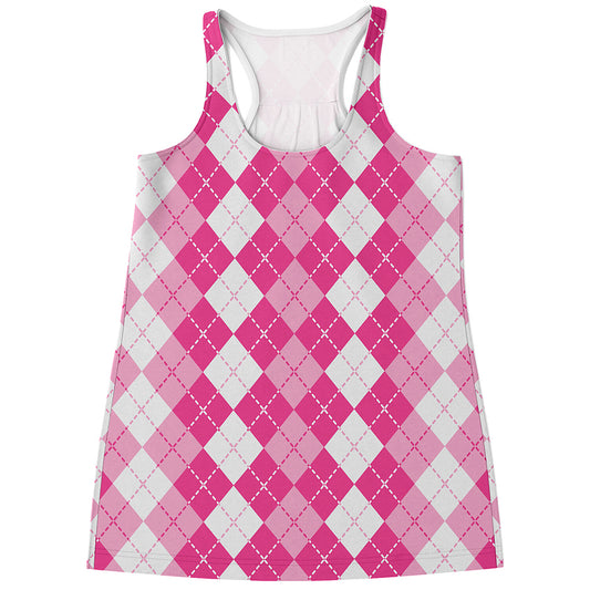 Pink And White Argyle Pattern Print Women's Racerback Tank Top